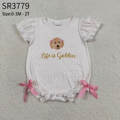 Baby Girls Infant Short Sleeves Dogs Dots Bows Bubble Romper RTS