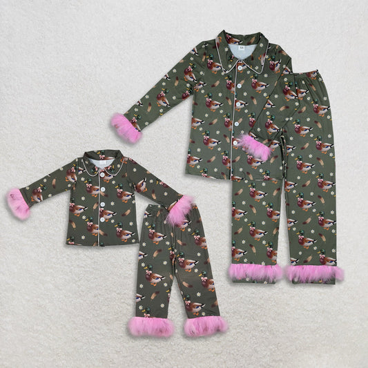 Sibling Baby Girls Adult Women Ducks Flower Buttons Shirts Pants Fur Pajamas Hunting Sets