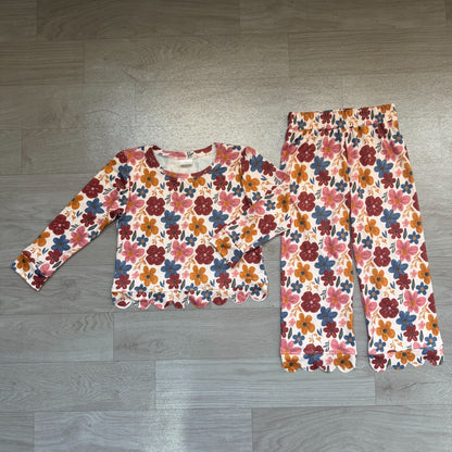 No moq Preorder Baby Girls Kids Long Sleeves Flower Shirt Pants Scallop Set Clothes