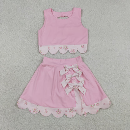 Baby Girls Pink Sleeveless Tops Bows Skirt Shorts Yoga Clothes Set