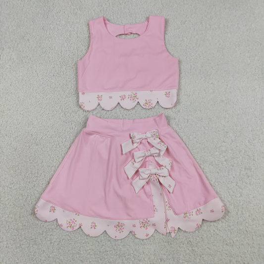 Baby Girls Pink Sleeveless Tops Bows Skirt Shorts Yoga Clothes Set