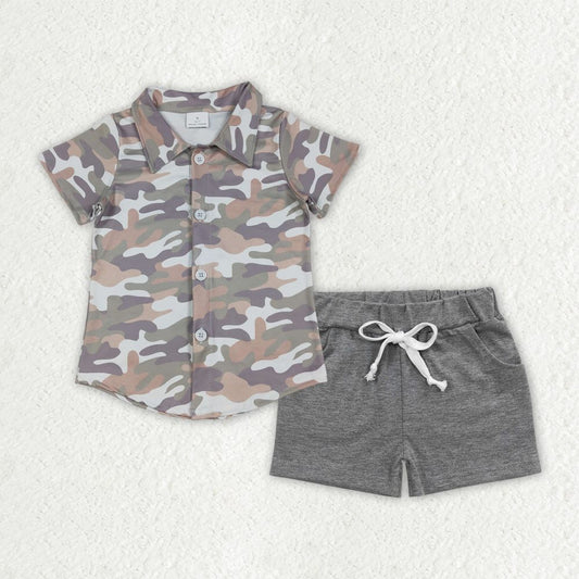 Baby Boys Kids Camo Short Sleeves Buttons Shirt Grey Pockets Shorts Clothes Set