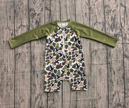 Preorder Baby Boys Long Sleeves Ducks Green Camo Zipper One-piece Swimsuit