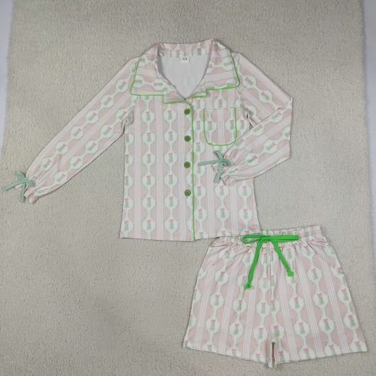 Adult Women Long Sleeves Christmas Tree Bows Buttons Tops Shorts Pajamas Pink Set