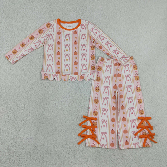 Baby Girls Kids Long Sleeves Pumpkins Scallop Shirt Bows Pants Set Fall Clothes