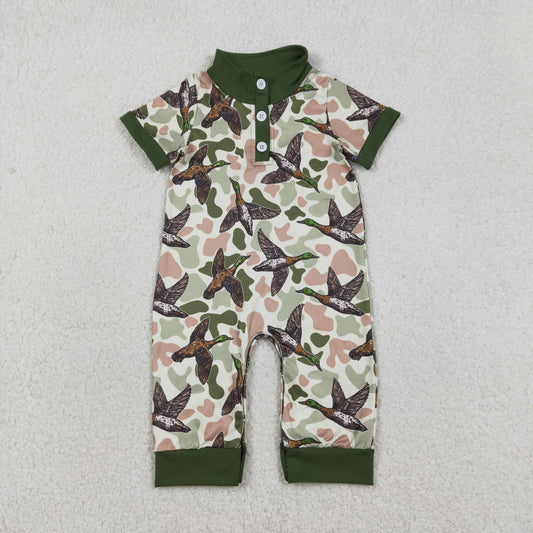 RTS Baby Boys Short Sleeves Ducks Camo Hunting Buttons Green Romper