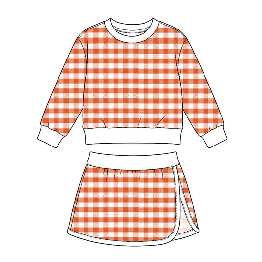 Moq 5 Preorder Baby Girls Kids Orange Plaid Shirt Skirt Shorts Set Yoga Active Clothes