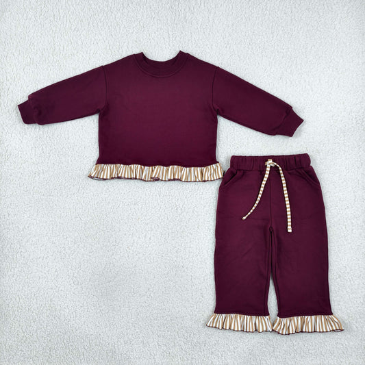 Baby Girls Kids Long Sleeves Dark Red Shirt Pockets Pants Set Sweatsuit‌ Clothes