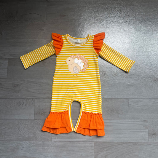 No moq Preorder Baby Girl Kids Embroidery turkey Stripes Thanksgiving Romper Clothes