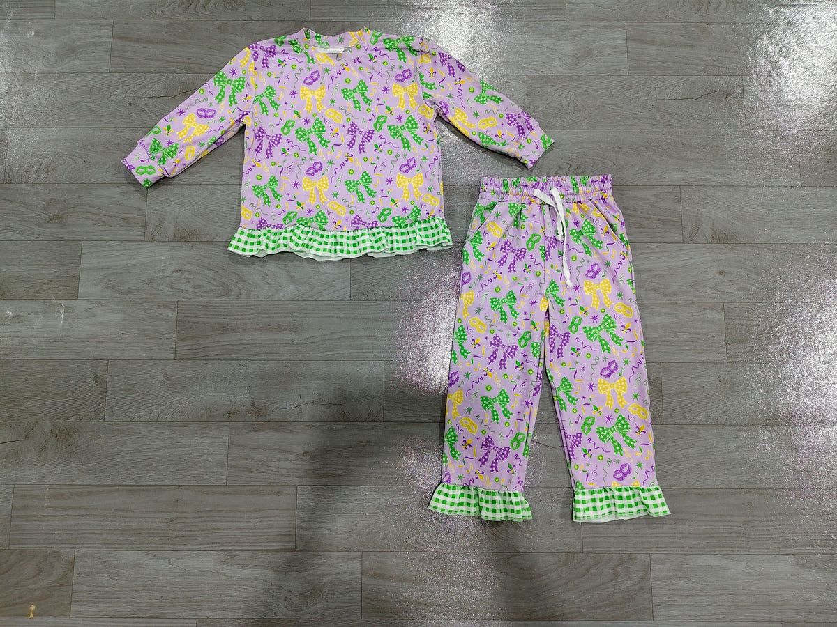 No moq Preorder Baby Girls Kids Masks Shirt Pockets Pants Set Mardi Gras Clothes