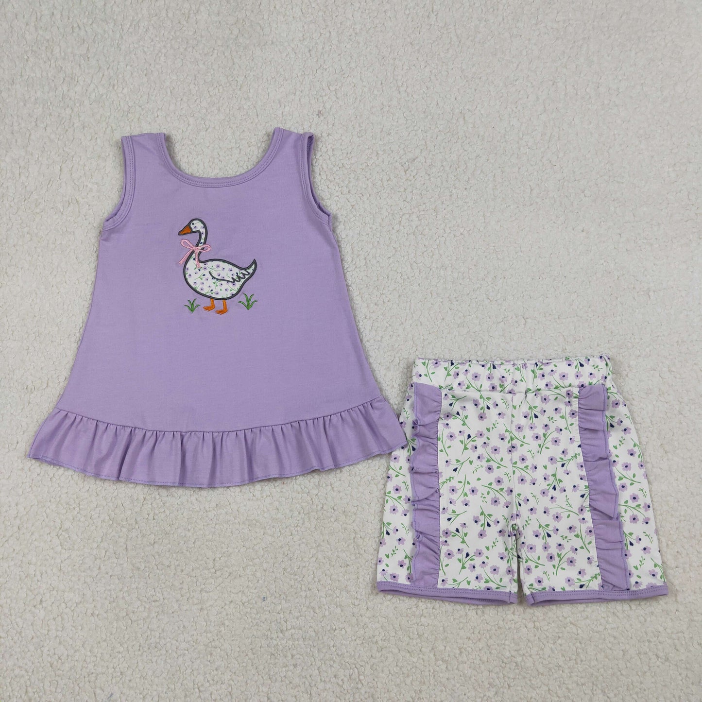 RTS Baby Girls Kids Sleeveless Embroidery Duck Purple Tops Floral Shorts Set