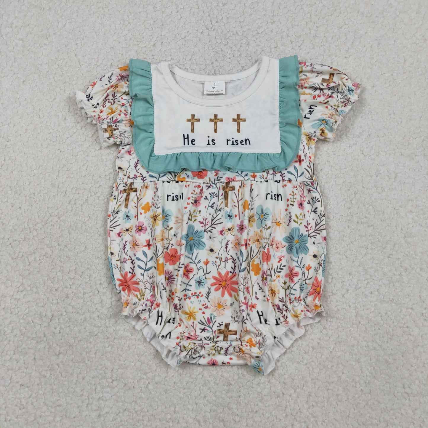 RTS Baby Girls Short Sleeves Crosses Flower Easter Bubble Romper