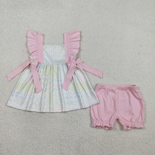 RTS Baby Girls Short Sleeves Floral Bows Tunic Pink Shorts Clothes Set