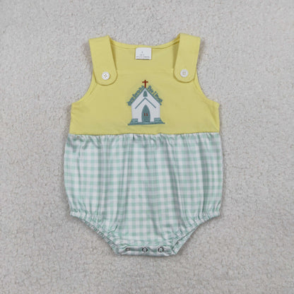 RTS Baby Girls Infant Sleeveless Embroidery Cross Jesus Plaid Easter Plaid Bubble Romper