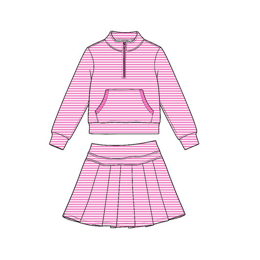 Moq 5 Preorder Baby Girls Kids Long Sleeves Pink Stripes Zipper Shirt Skirt Shorts Set Yoga Active Clothes