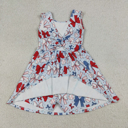 RTS Baby Girls Toddler Baseball Bows Flags 4th of July Yoga Shorts Knee Length Dress Blue Clothes