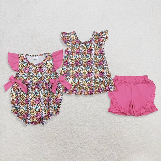Sibling Baby Girls Kids Short Sleeves Flower Bows Tunic Shorts Set Romper Summer Clothes