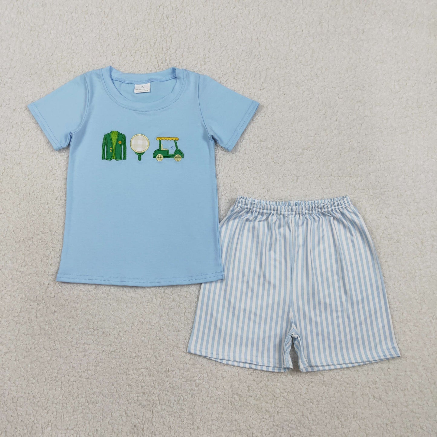 RTS Baby Boys Kids Blue Short Sleeves Embroidery Golf Shirt Stripes Shorts Clothes Set