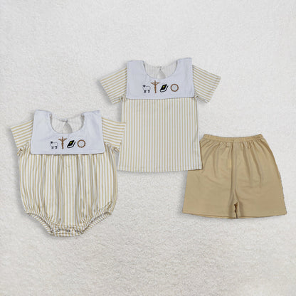 RTS Sibling Baby Boys Kids Short Sleeves Embroidery Shirt Shorts Cross Stripes Set Romper
