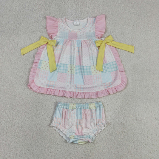 Baby Girls Kids Short Sleeves Flower Plaid Bows Tops Bummie Shorts Set Clothes