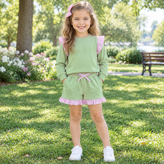 Baby Girls Kids Green Long Sleeves Tops Pockets Shorts Cotton Set Clothes
