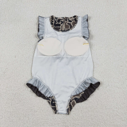 Baby Girls Kids Short Sleeves Deer Camo Ruffle One-piece Swimsuit