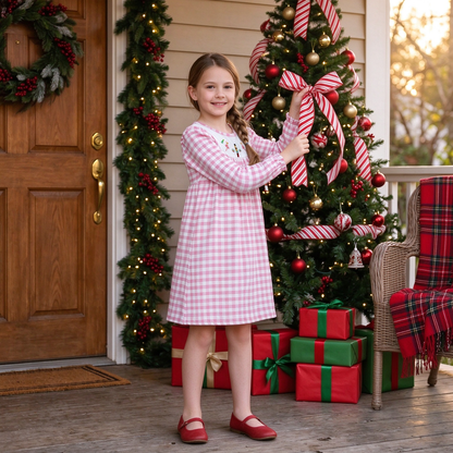 Baby Girls Kids Long Sleeves Embroidery Pink Plaid Knee Length Dress Christmas Clothes