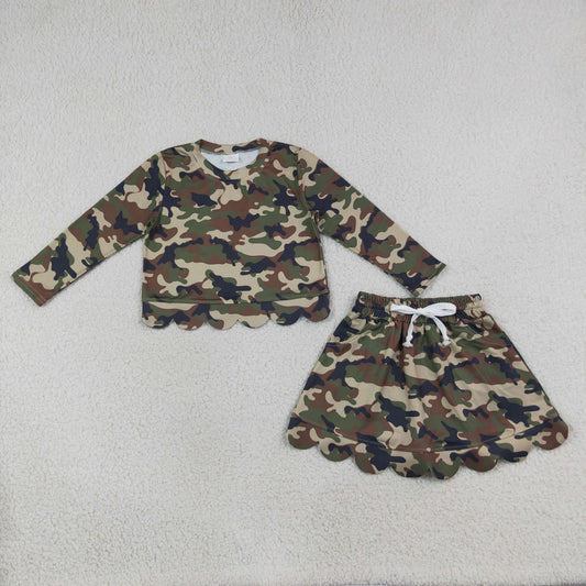Baby Girls Kids Long Sleeves Shirt Green Camo Scallop Pockets Skirt Shorts Set Clothes