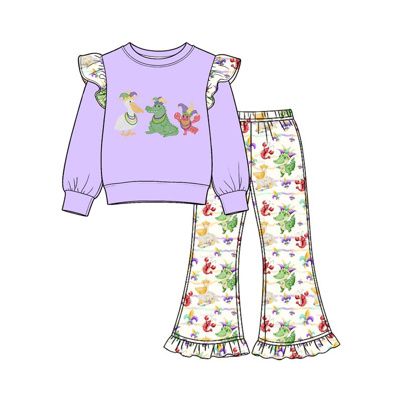 Moq 5 Preorder Baby Girls Kids Long Sleeves Purple Shirt Bell Pants Mardi Gras Set Clothes