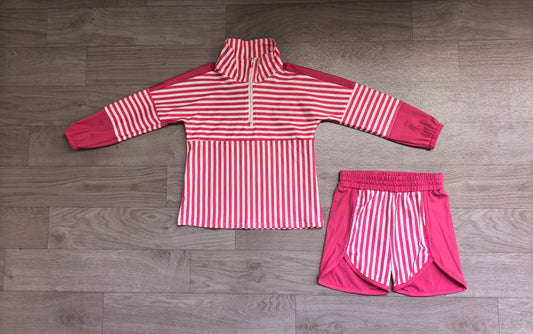 No moq Preorder Baby Girls Kids Pink Stripes Zipper Pullover Shorts Yoga Active Set Clothes