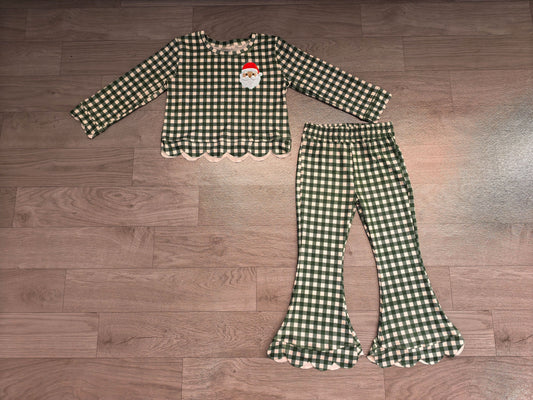 No moq Preorder Baby Girls Kids Embroidery Christmas Santa Scallop Tops Green Plaid Pants Set Clothes