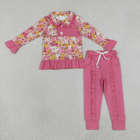 Baby Girls Kids Long Sleeves Flower Buttons Pullover Pockets Pink Pants Set Clothes