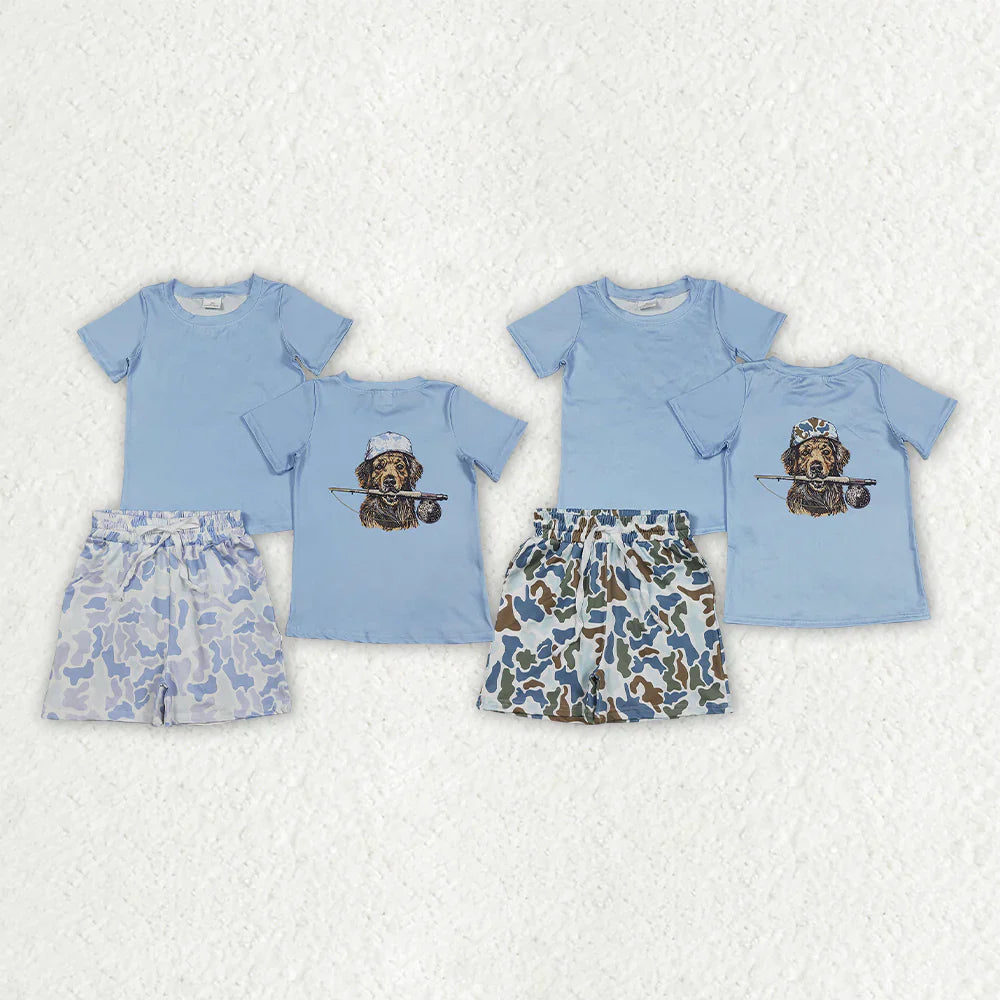 Sibling Baby Boys Kids Blue Short Sleeves Dog Fishing Shirts Camo Pockets Shorts Sets