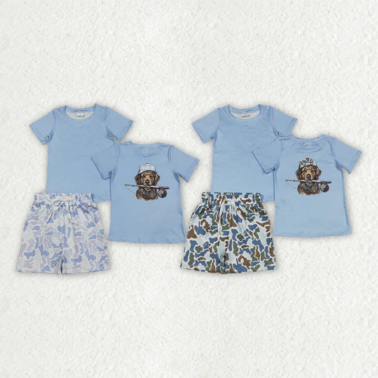 Sibling Baby Boys Kids Blue Short Sleeves Dog Fishing Shirts Camo Pockets Shorts Sets