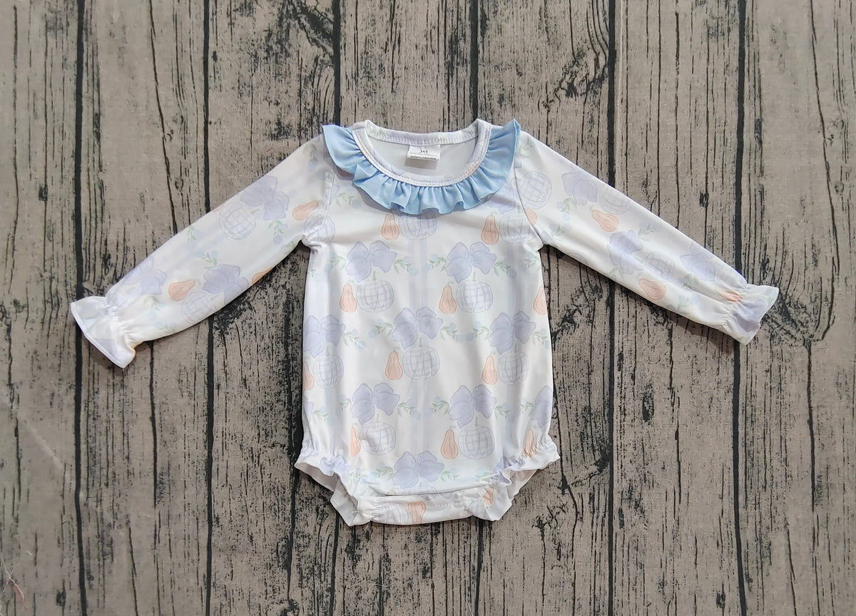 Baby Girl Long Sleeves Pumpkin Blue Bows Ruffle Bubble Fall Romper