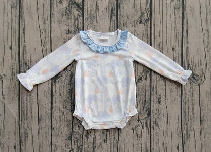 Baby Girl Long Sleeves Pumpkin Blue Bows Ruffle Bubble Fall Romper