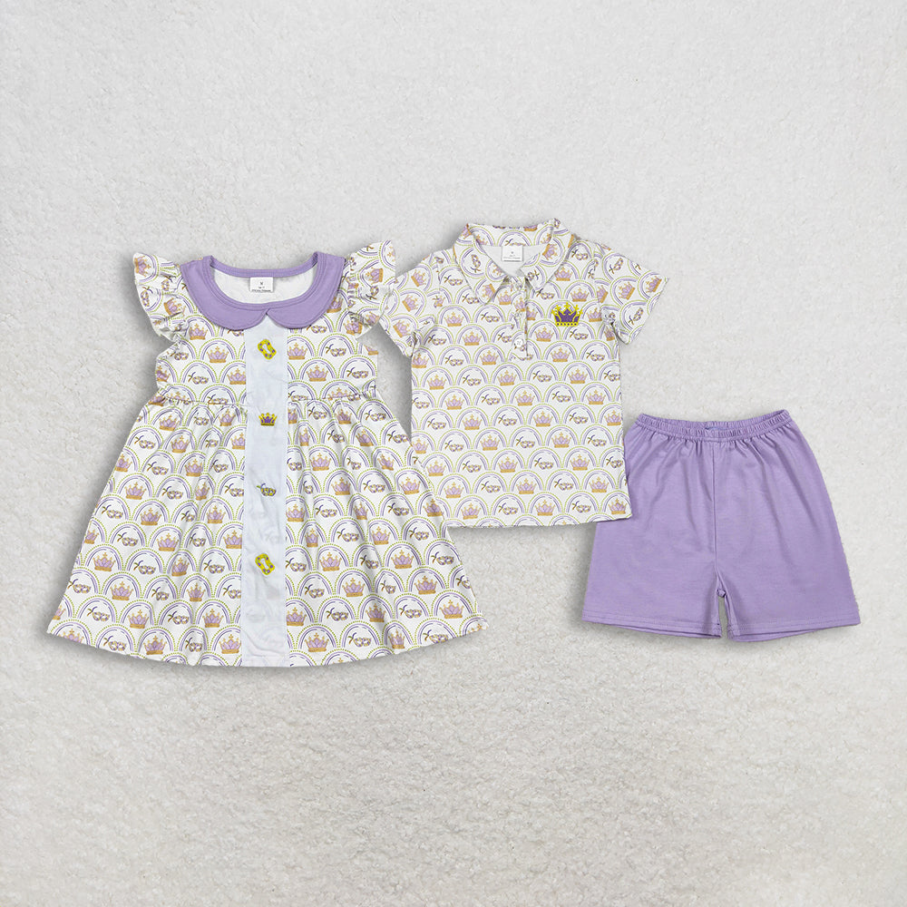 RTS Sibling Baby Boys Girls Kids Short Sleeves Mardi Gras Embroidery Masks Knee Length Dress Set