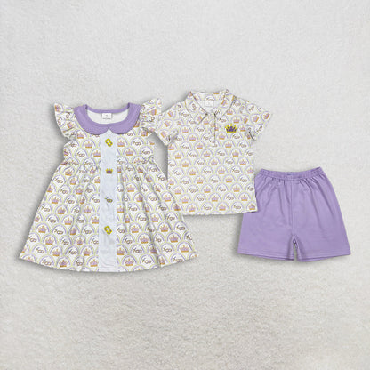 RTS Sibling Baby Boys Girls Kids Short Sleeves Mardi Gras Embroidery Masks Knee Length Dress Set