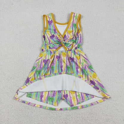 Baby Girls Sleeveless Mardi Gras Bows Stripes Yoga Shorts Knee Length Dress