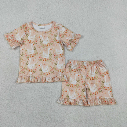Baby Girls Kids Short Sleeves Goose Flower Shirt Shorts Summer Clothes Set