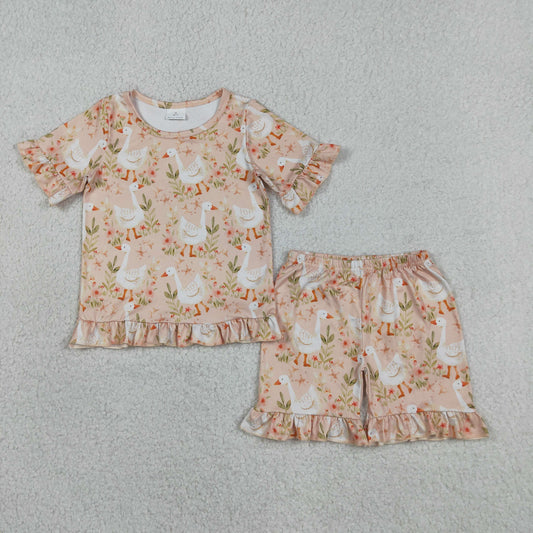 Baby Girls Kids Short Sleeves Goose Flower Shirt Shorts Summer Clothes Set