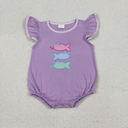 Baby Girls Kids Short Sleeves Embroidery Fish Bows Purple Bubble Romper