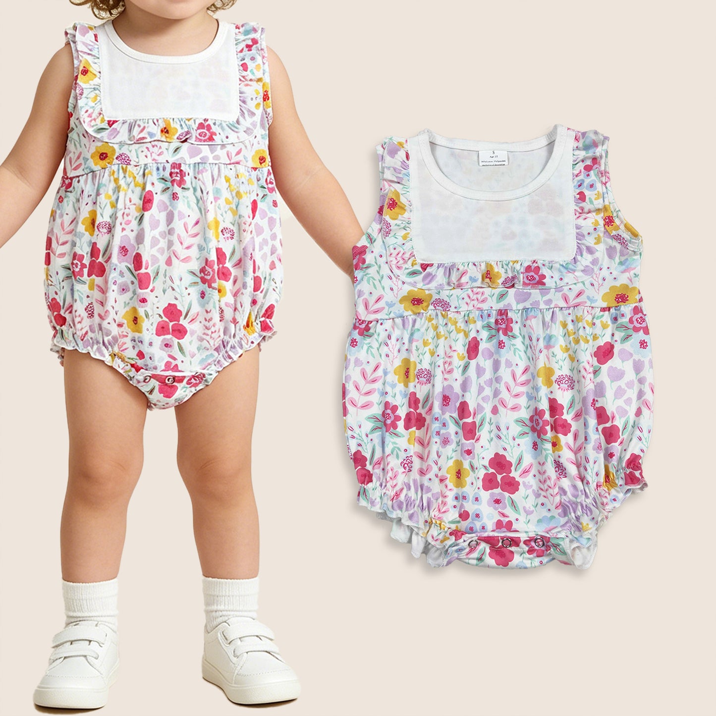 SR4021 Baby Girls Infant Sleeveless Floral Summer Bubble Romper