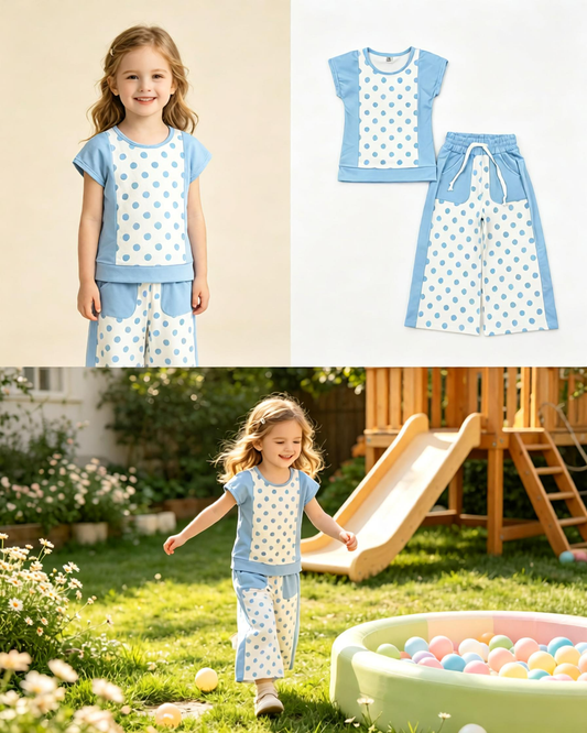 Baby Girl Kids Short Sleeves Dots Shirt Pockets Pants Set Yoga Active Clothes