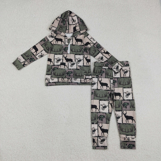 Baby Boys Long Sleeves Deer Fish Hoodie Shirt Pockets Pants Hunting Clothes Set