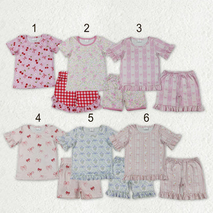 Sibling Baby Girls Kids Short Sleeves Flower Bows Goose Shirts Shorts Sets Pajamas Clothes