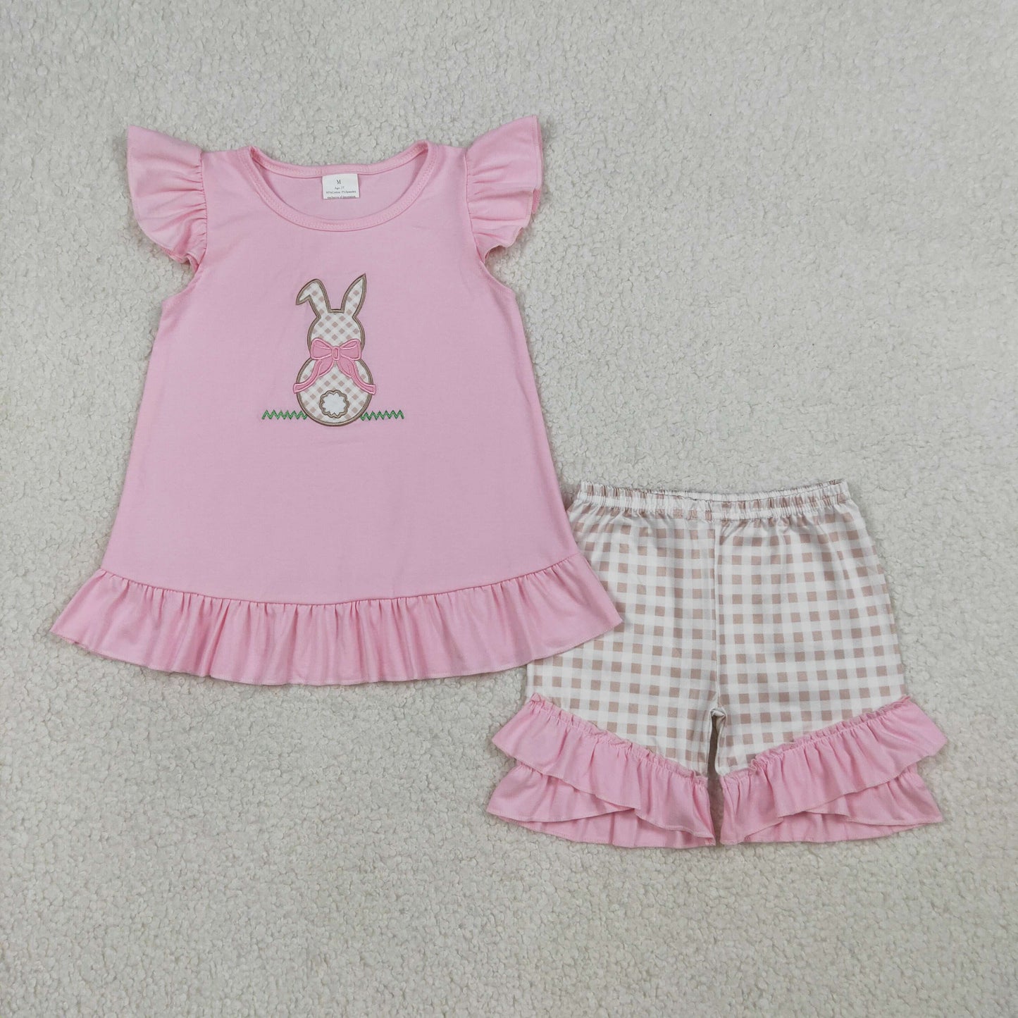 RTS Sibling Baby Boys Girls Short Sleeves Embroidery Rabbit Tops Plaid Shorts Easter Sets
