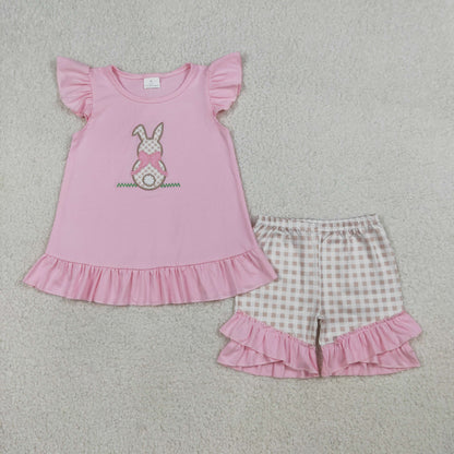 RTS Sibling Baby Boys Girls Short Sleeves Embroidery Rabbit Tops Plaid Shorts Easter Sets
