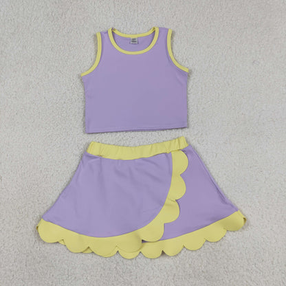 GSD4011 Baby Girls Kids Shirt Scallop Skirt Shorts Yoga Active Purple Set Clothes