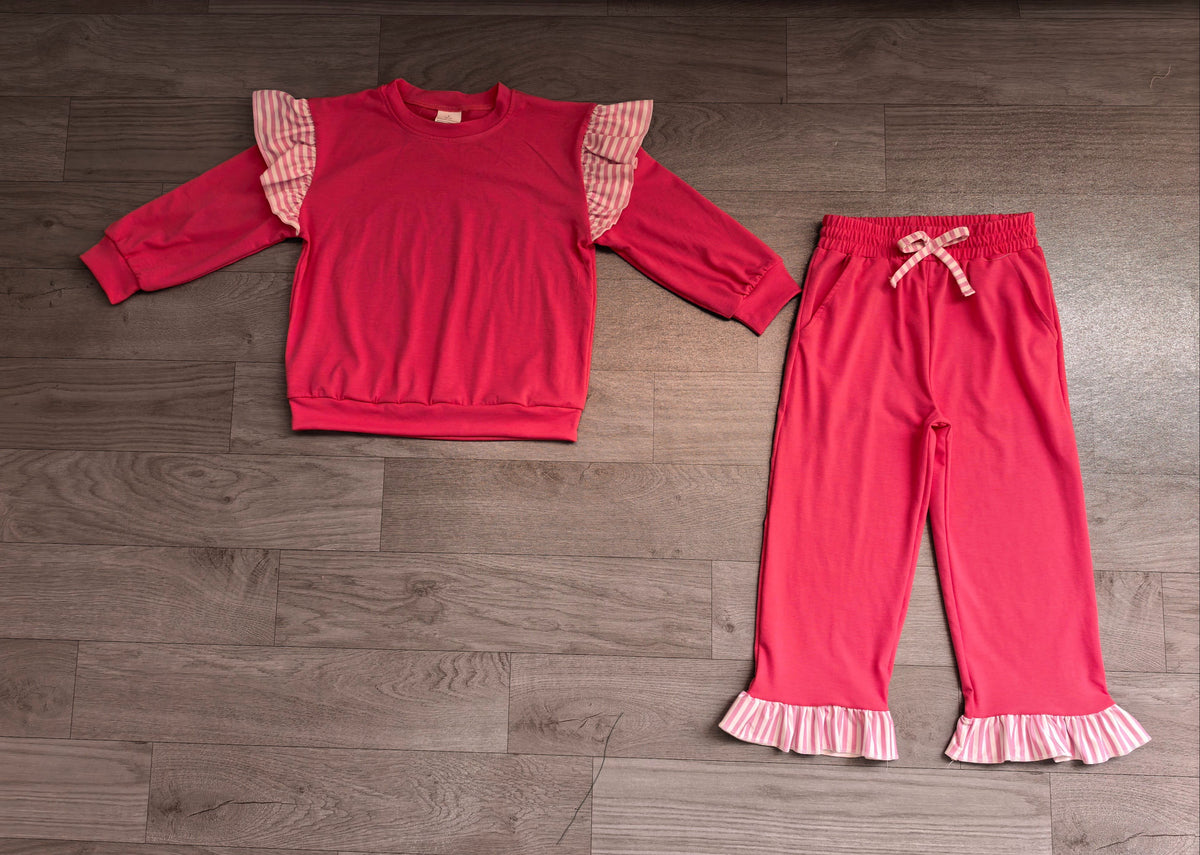 No moq Preorder Baby Girls Kids Long Sleeves Tops Pockets Pants Cotton Set Hot Pink Clothes